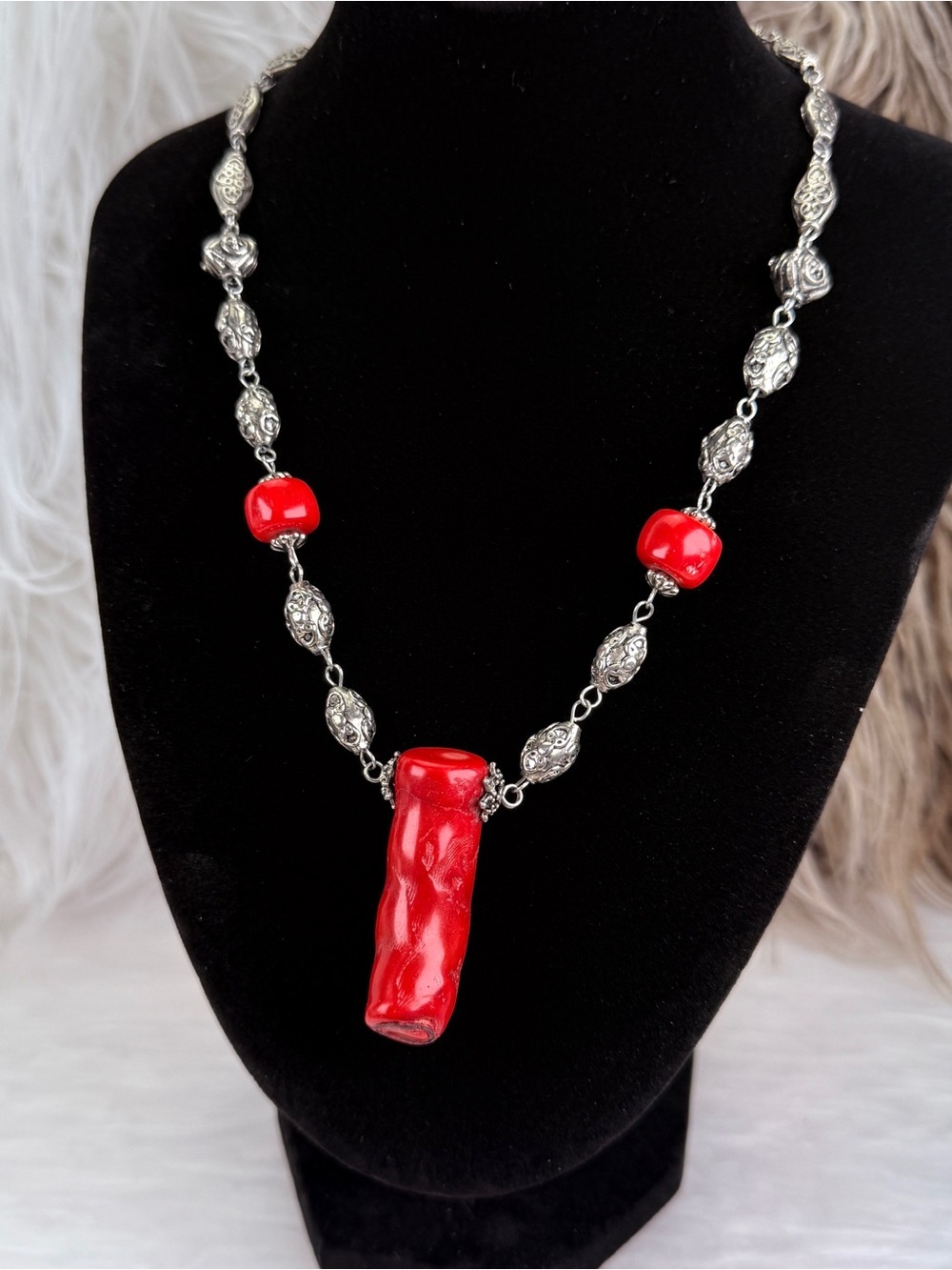 Red Branch Pendant Silver Tone Beaded Statement Necklace Ornate Scrollwork